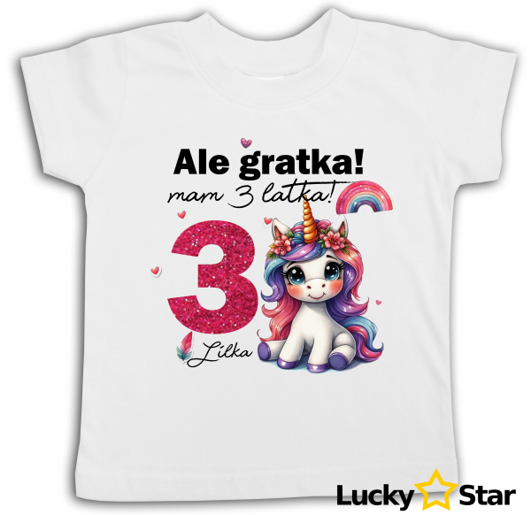 Koszulka dziecieca Jednorożec brokatowa cyfra personalizowana