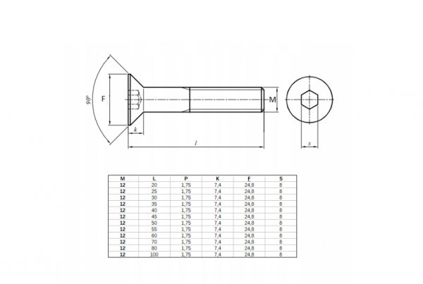 ŚRUBA STOŻKOWA IMBUS M12X60 DIN 7991 Opakowanie 10szt