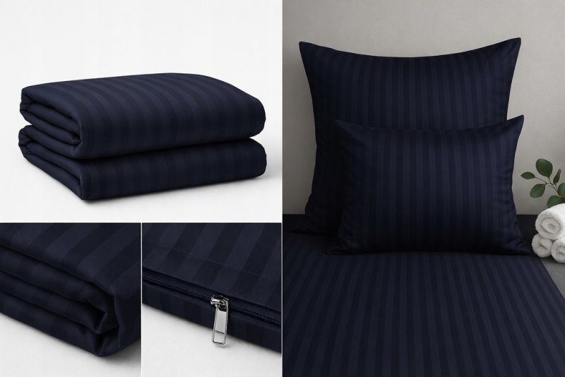 POŚCIEL 160x200 HOTELOWA 100% GRUBA BAWEŁNA SATYNOWA ADAMASZEK GRANATOWY