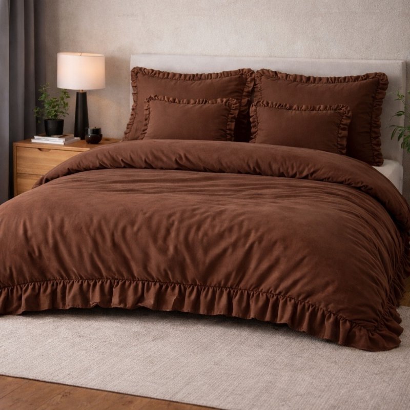 POŚCIEL 160x200 Z FALBANĄ KOMPLET 3 CZĘŚCIOWY MIKROFIBRA KOLOR BRĄZ