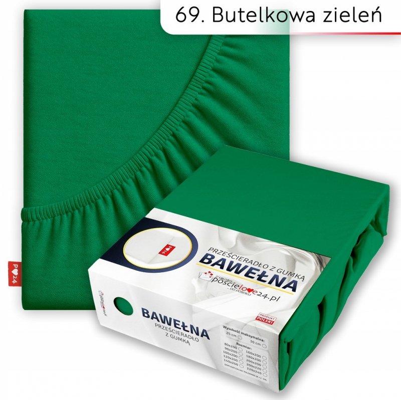 Prześcieradło 220x240 z Gumką GRUBA Bawełna Premium Bok 30 Butelkowa zieleń