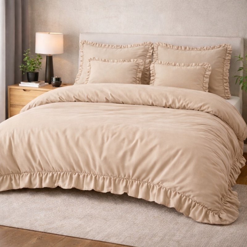 POŚCIEL 200x220 Z FALBANĄ KOMPLET 3 CZĘŚCIOWY MIKROFIBRA KOLOR BEŻ