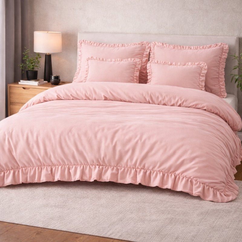 POŚCIEL 160x200 Z FALBANĄ KOMPLET 3 CZĘŚCIOWY MIKROFIBRA KOLOR PUDROWY RÓŻ