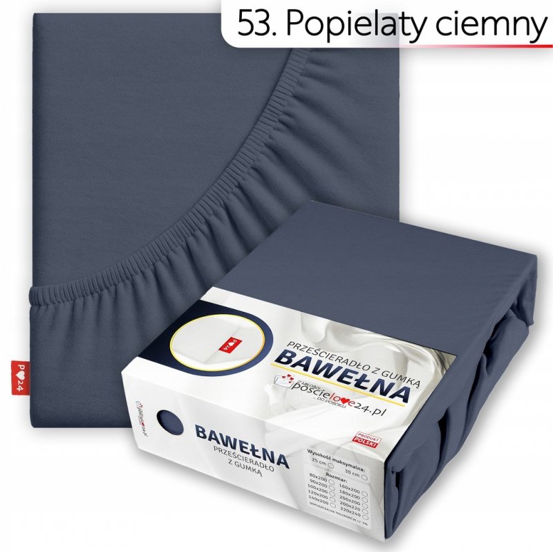 Prześcieradło 80x200 z Gumką GRUBA Bawełna Premium Bok 30 cm Popiel ciemny