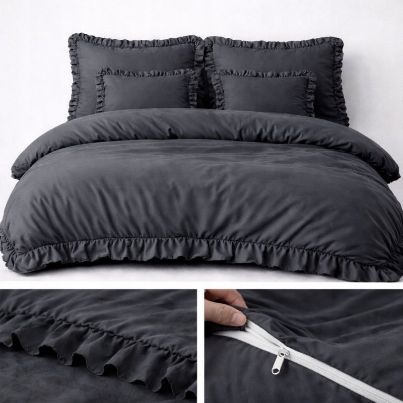 POŚCIEL 160x200 Z FALBANĄ KOMPLET 3 CZĘŚCIOWY MIKROFIBRA KOLOR GRAFIT