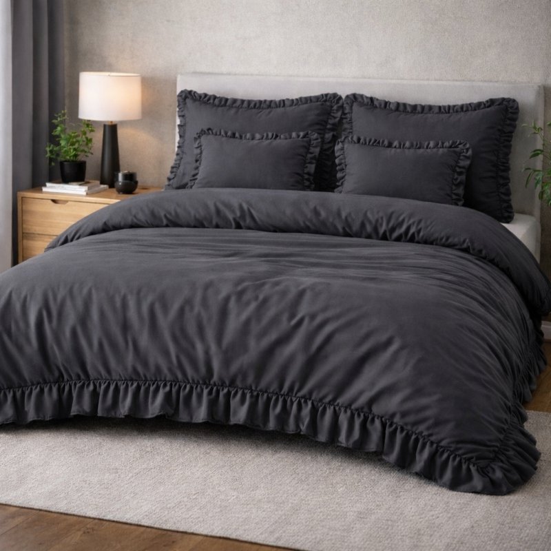 POŚCIEL 160x200 Z FALBANĄ KOMPLET 3 CZĘŚCIOWY MIKROFIBRA KOLOR GRAFIT