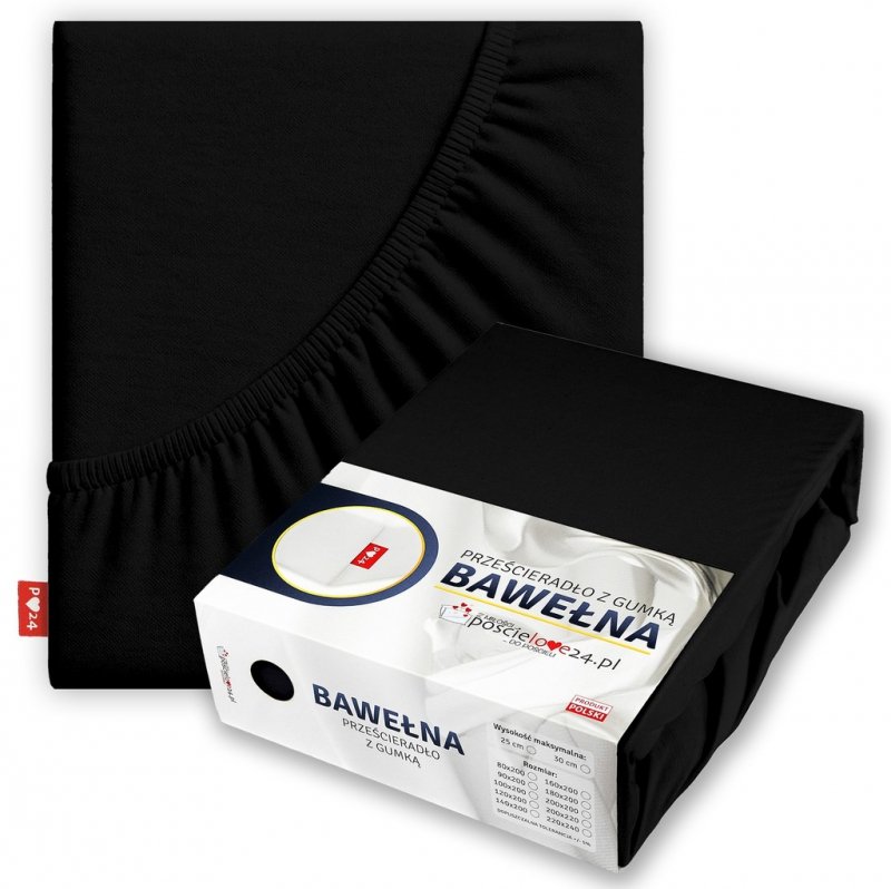 Prześcieradło 200x220 z Gumką GRUBA Bawełna Premium Bok 30 cm Czarny