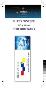 bilety wstępu 145 x 50 mm, kreda błysk 130 g, druk pełnokolorowy jednostronny, - 1000 sztuk