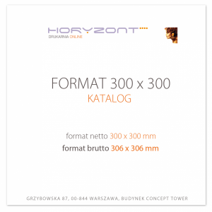 katalog klejony PUR 300x300 mm, okładka - kreda 250 g + środki 130 g, 76+4 str . okładka foliowana 1+0, 500 sztuk