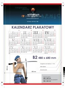 kalendarze planszowe B2 - 250 g, druk jednostronny, pełnokolorowy 4+0, na papierze kredowym, listwy z zawieszką góra dół po krótkim boku, 500 sztuk