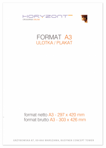 ulotka A3, druk pełnokolorowy obustronny 4+4, na papierze offsetowym 170 g, 10 sztuk