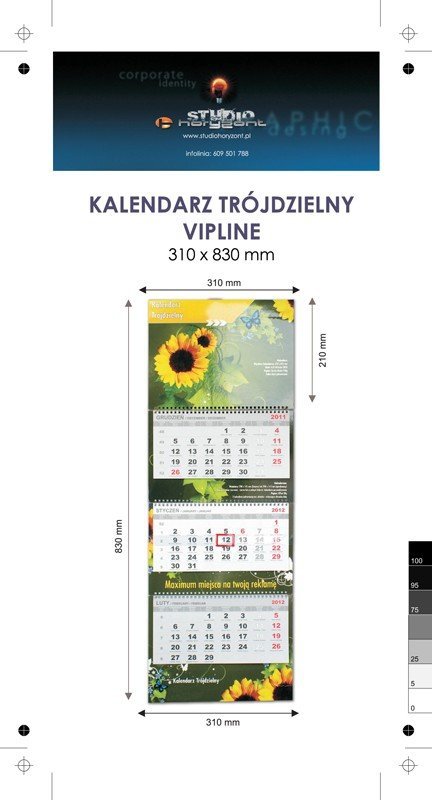 Kalendarz trójdzielny spiralowany VIP LINE z wypukłą główką, druk (4+0) Karton Alaska 250 g, Folia błysk jednostronnie, 310 x 830 mm, Spiralowany, 3 bloki - 200 szt. ! Cena promocyjna