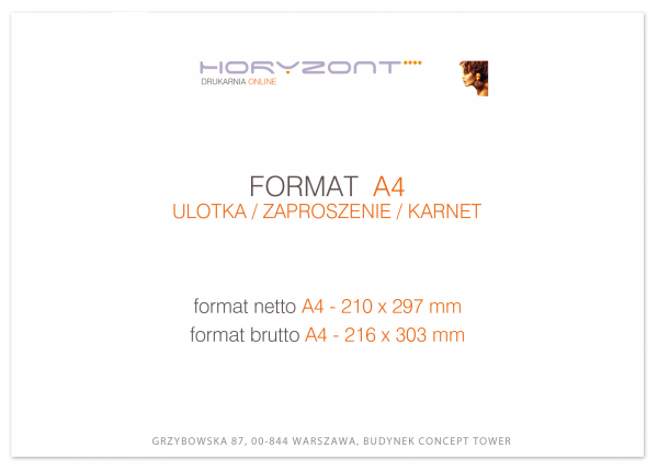 	ulotka A4, druk pełnokolorowy obustronny 4+4, na papierze offsetowym 120 g, 250 sztuk  
