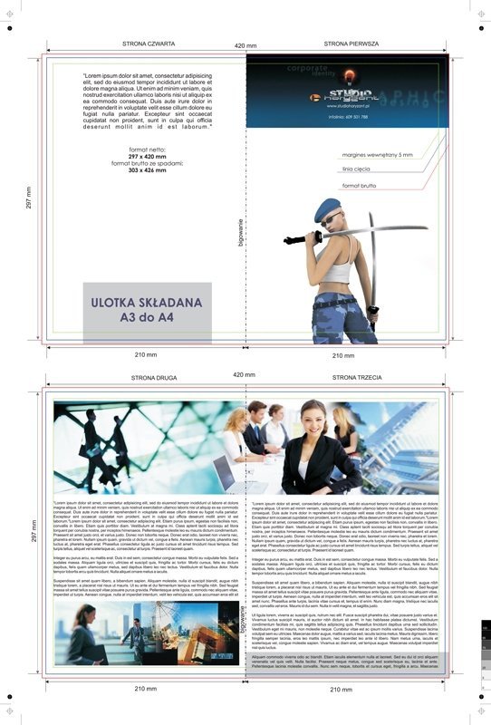 ulotka A3 składana do A4, druk pełnokolorowy obustronny 4+4, na papierze kredowym, 250 g, 75 sztuk