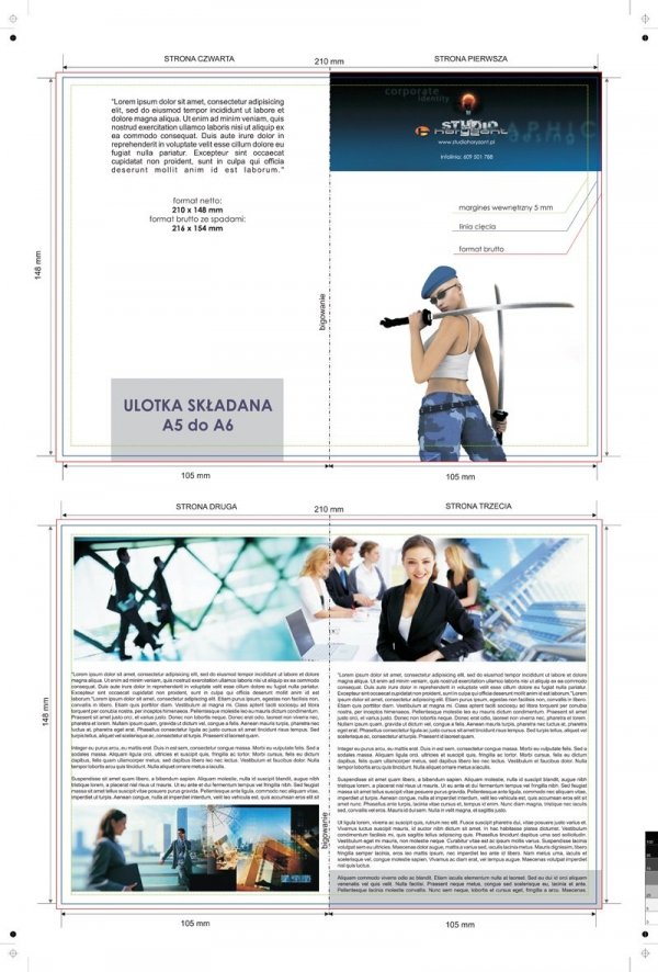 ulotka A5 składana do A6, druk pełnokolorowy obustronny 4+4, na papierze kredowym, 250 g, 300 sztuk