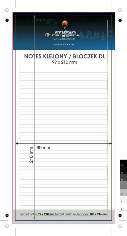 notes DL, druk jednostronny pełnokolorowy 4+0, offset 80 g, 50 kart, 700 sztuk