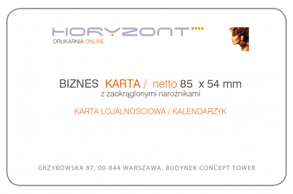 wizytówki foliowane mat, zaokrąglone narożniki 85 x 54 mm lub 90 x 50 mm, druk obustronny, kreda 450 g - 500 sztuk
