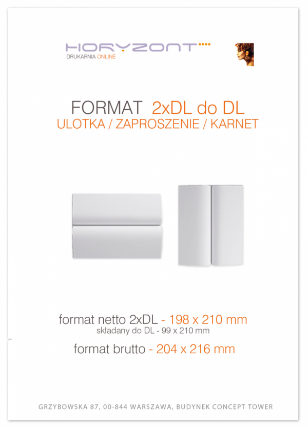 ulotka 2xDL składana do DL, druk pełnokolorowy obustronny 4+4, na papierze kredowym, 130 g, 100 sztuk 