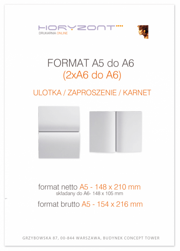 ulotka A5 składana do A6, druk pełnokolorowy obustronny 4+4, na papierze kredowym, 130 g, 350 sztuk  