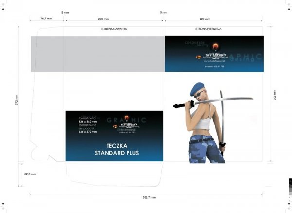 teczka standard plus, 363 x 527 mm, druk pełnokolorowy jednostronny 4+0, foliowana mat + lakier UV wybiórczy, 350 g, 400 sztuk