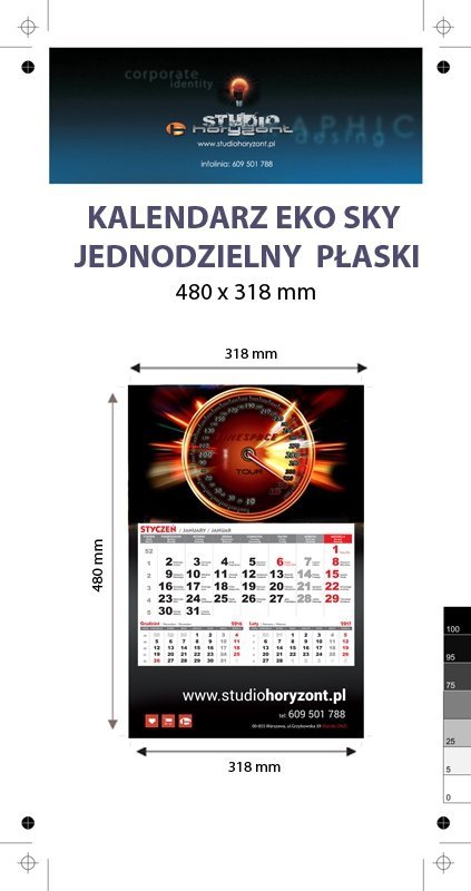 Kalendarz jednodzielny Eko Sky, płaski, druk jednostronny kolorowy (4+0), Folia błysk jednostronnie, Podkład - Karton 300 g, okienko czerwone - 40 sztuk