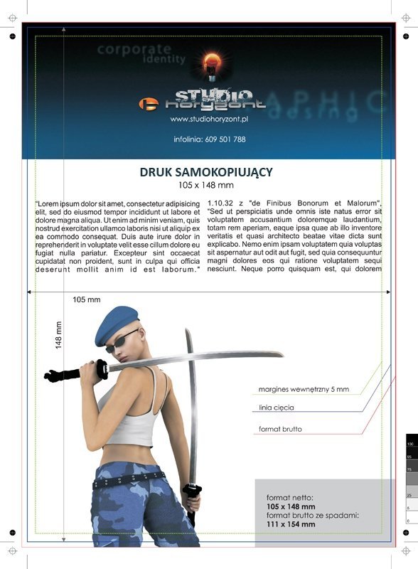 Druk samokopiujacy A6, Druk jednostronny kolorowy 4+0, klejenie lewej krawędzi, stron w bloczku 25, oryginał + kopia, - 70 kpt.