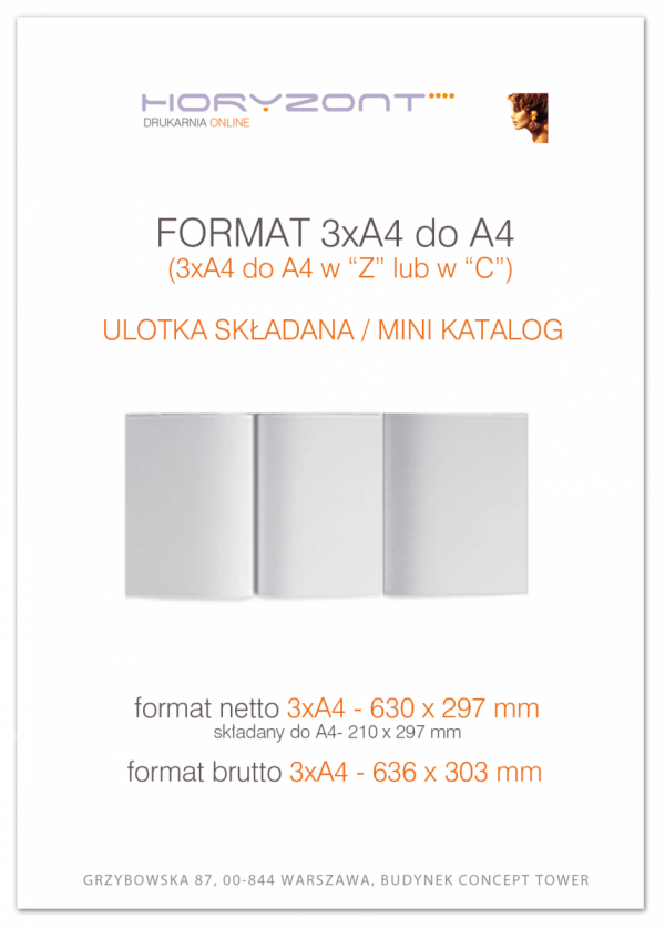ulotka 3A4 składana do A4, druk pełnokolorowy obustronny 4+4, na papierze kredowym, 250 g, 10 sztuk