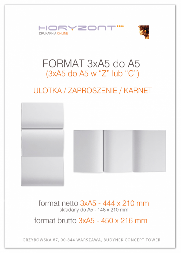 ulotka 3 x A5 składana do A5, druk pełnokolorowy obustronny 4+4, na papierze kredowym, 130 g, tryb ekspres 900 sztuk