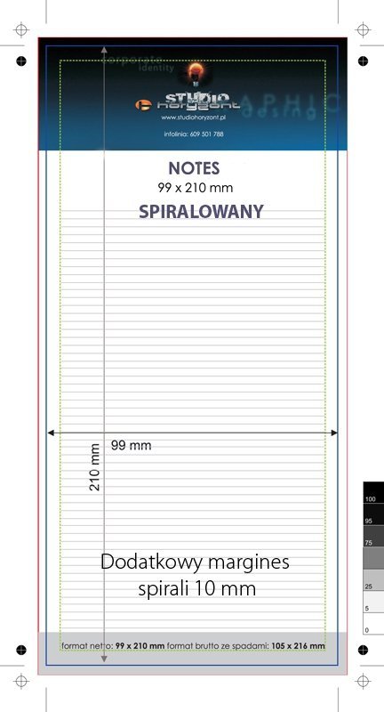 Notes spiralowany DL, druk jednostronny pełnokolorowy 4+0, Ilość kart: 25, Kreda mat 300 g (okładka foliowana) + Offset 80 g (Środek), Metalowa spirala - 200 sztuk