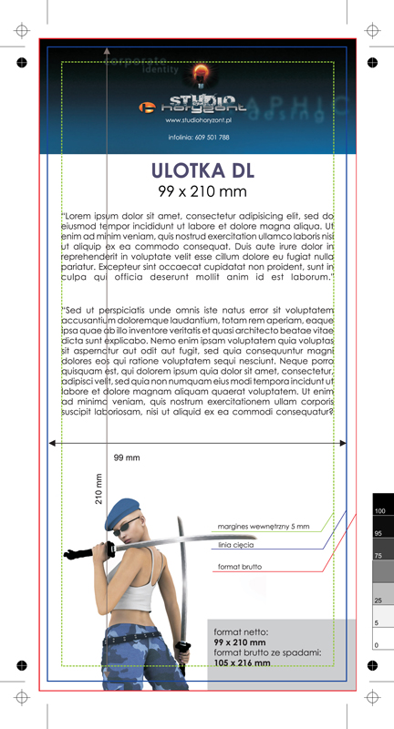 ulotka DL, druk pełnokolorowy obustronny 4+4, na papierze offsetowym 120 - 170 g, 10 sztuk 