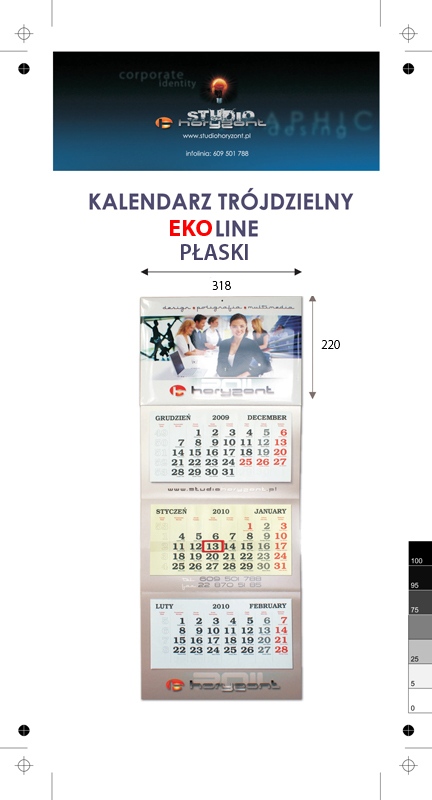 Kalendarz trójdzielny EKOLINE (płaski) bez koperty, druk jednostronny kolorowy (4+0), podkład - karton 300 g, 3 białe bloki, okienko - 500 sztuk
