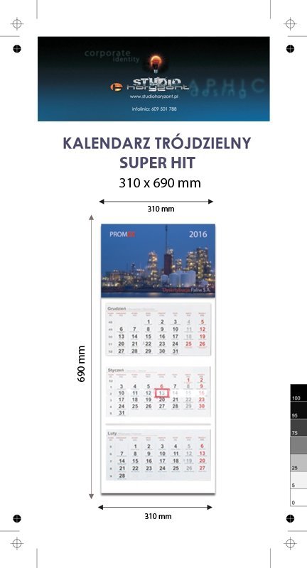 Kalendarz trójdzielny SUPER HIT - całość na Kartonie Alaska 250 g, 310 x 690 mm, Druk jednostronny kolorowy 4+0 CMYK, 3 oddzielne kalendaria, 290 x 145 mm, czerwono - czarne, okienko osobno - 400 sztuk