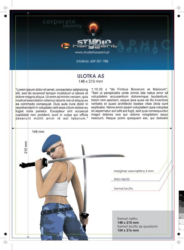 ulotka A5, druk pełnokolorowy obustronny 4+4, na papierze offsetowym 170 g, 125 sztuk