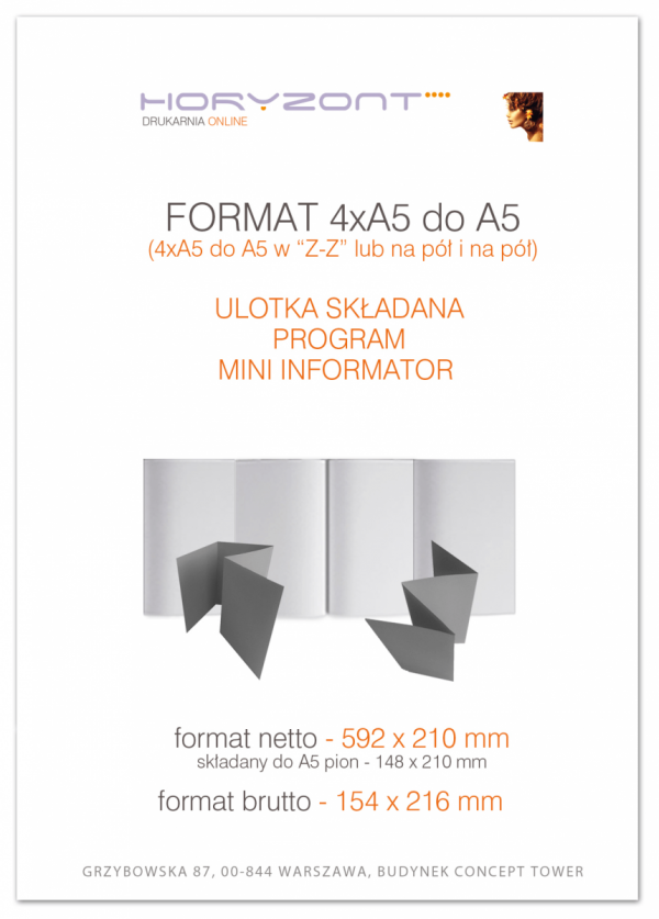 ulotka 4xA5 składana do A5, druk pełnokolorowy obustronny 4+4, na papierze kredowym, 250 g, 5000 sztuk
