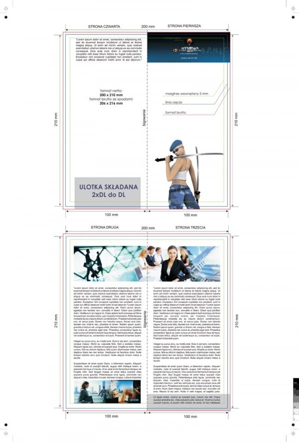 ulotka 2xDL składana do DL, druk pełnokolorowy obustronny 4+4, na papierze kredowym, 250 g, 300 sztuk