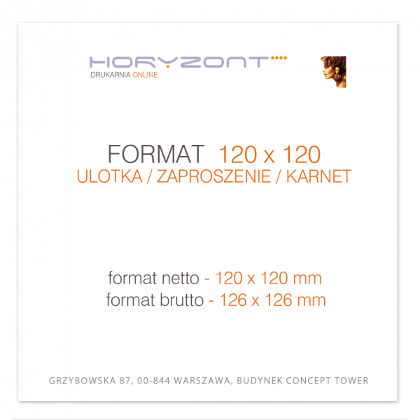 ulotka 120x 120 mm, druk pełnokolorowy obustronny 4+4, na papierze offsetowym 90 g, 200 sztuk