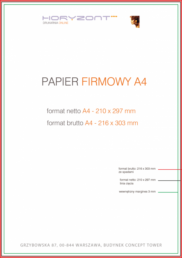 papier firmowy A4, druk pełnokolorowy obustronny 4+4, na papierze offset / preprint 90 g - 2000 sztuk