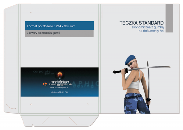 teczka standard ekonomiczna z gumką, 338 x 479 mm, druk pełnokolorowy 4+0, foliowana mat, kreda 350 g, 300 sztuk