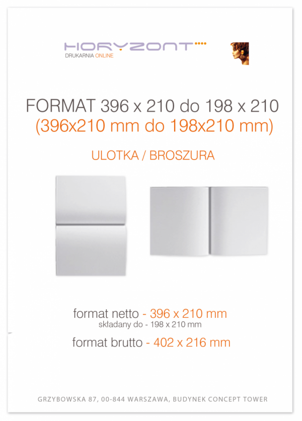 ulotka 396 x 210 składana do 198 x 210 mm, druk pełnokolorowy obustronny 4+4, na papierze kredowym, 130 g, 200 sztuk  