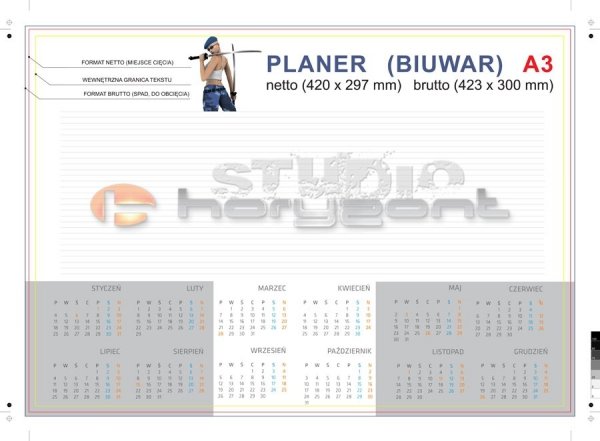 Podkład na biurko - biuwar A3 - 420 x 297 mm, offset 80g + karton na spód, 4+0, 26 kart, klejenie dolnej krawędzi - 400 sztuk