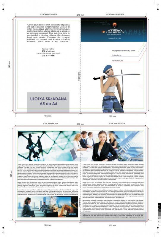 ulotka A5 składana do A6, druk pełnokolorowy obustronny 4+4, na papierze kredowym, 170 g, 75 sztuk
