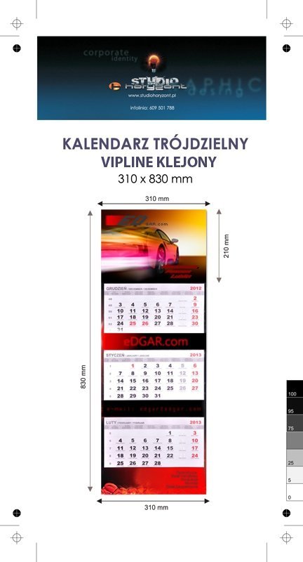 Kalendarz trójdzielny VIP LINE klejony - główka - karton Alaska 250 g, foliowana błysk, całość 310 x 830 mm, druk pełnokolorowy, 3 oddzielne kalendaria 290 x 145 mm, okienko - 300 sztuk