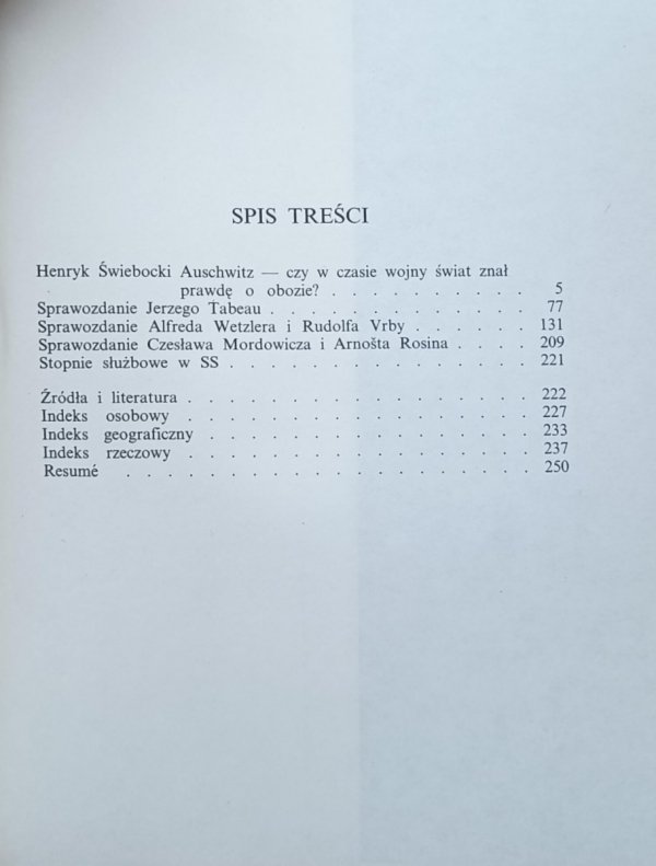Raporty uciekinierów z KL Auschwitz - spis treści