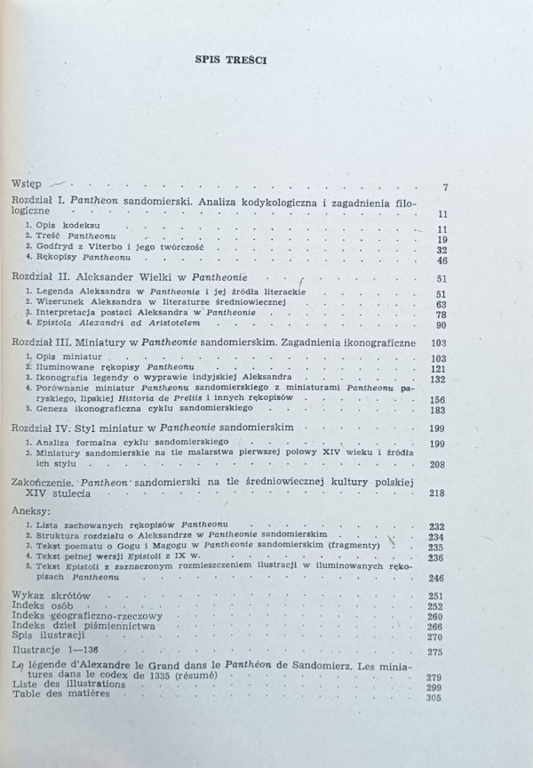 Krystyna Secomska • Legenda Aleksandra Wielkiego w 'Pantheonie' sandomierskim : miniatury w kodeksie z 1335 roku -  spis treści