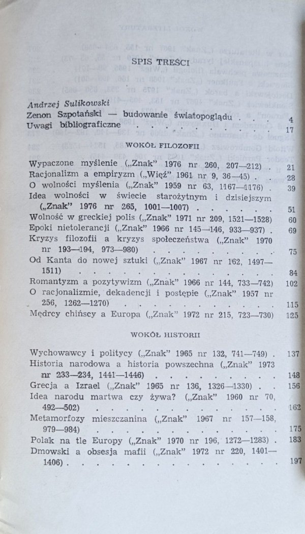 Spis treści książki O wolności myślenia autorstwa Zenon Szpotański