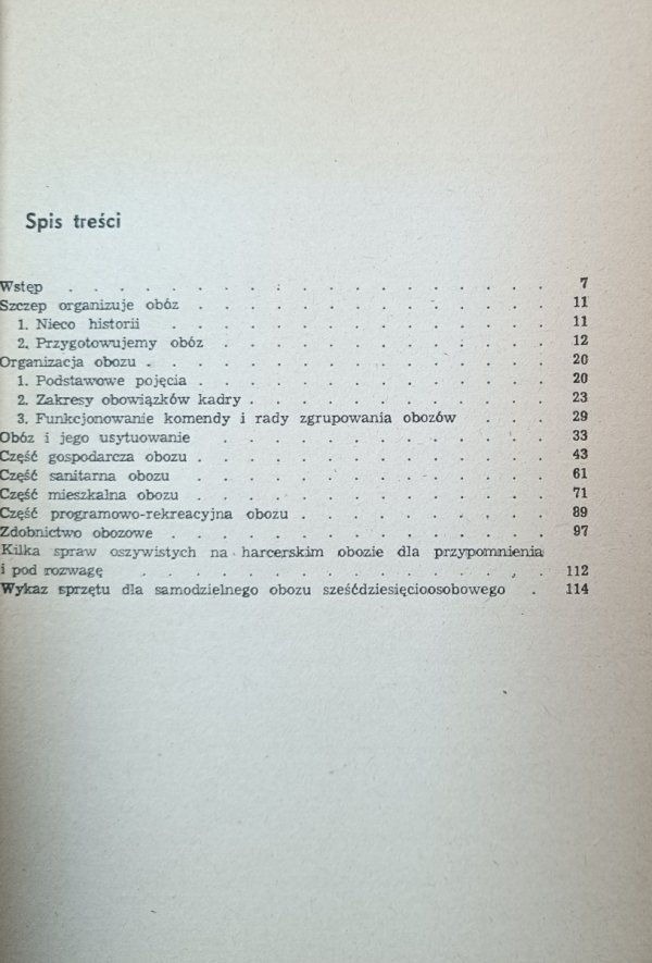Janusz Strużyna Stanisław Szadkowski  Obóz harcerski i jego urządzenia, spis treści