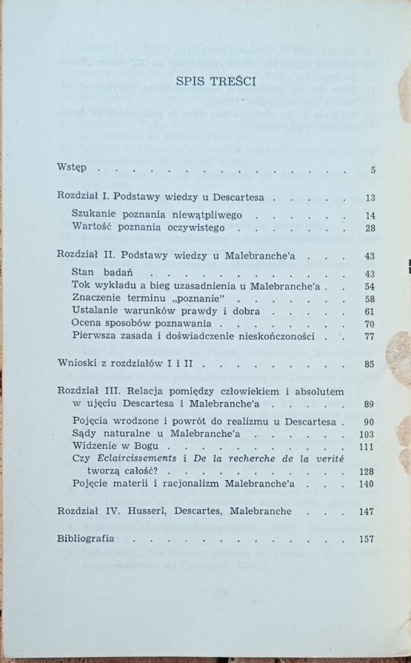 Władysław Augustyn - Podstawy wiedzy w Descartesa i Malebranche'a - spis treści