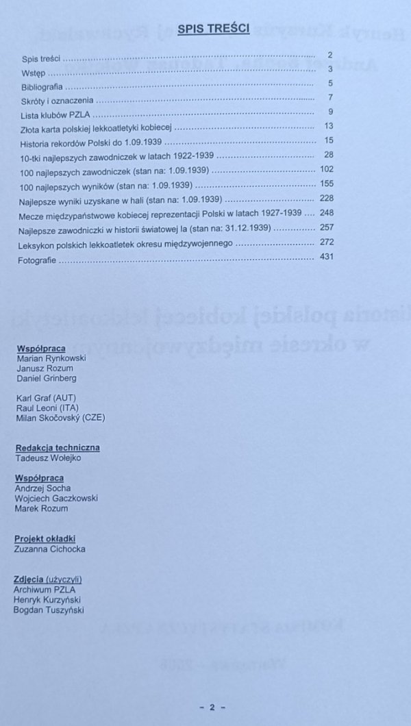 Henryk Kurzyński - Historia polskiej kobiecej lekkoatletyki w okresie międzywojennym - spis treści