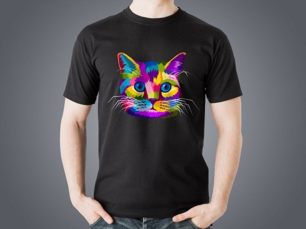Koszulka-dziecieca-czarna-personalizowana-kolorowy-kot-Studioixpl