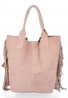 Modna Torebka Skórzana Zamszowy Shopper Bag w Stylu Boho firmy Vittoria Gotti Pudrowy Róż